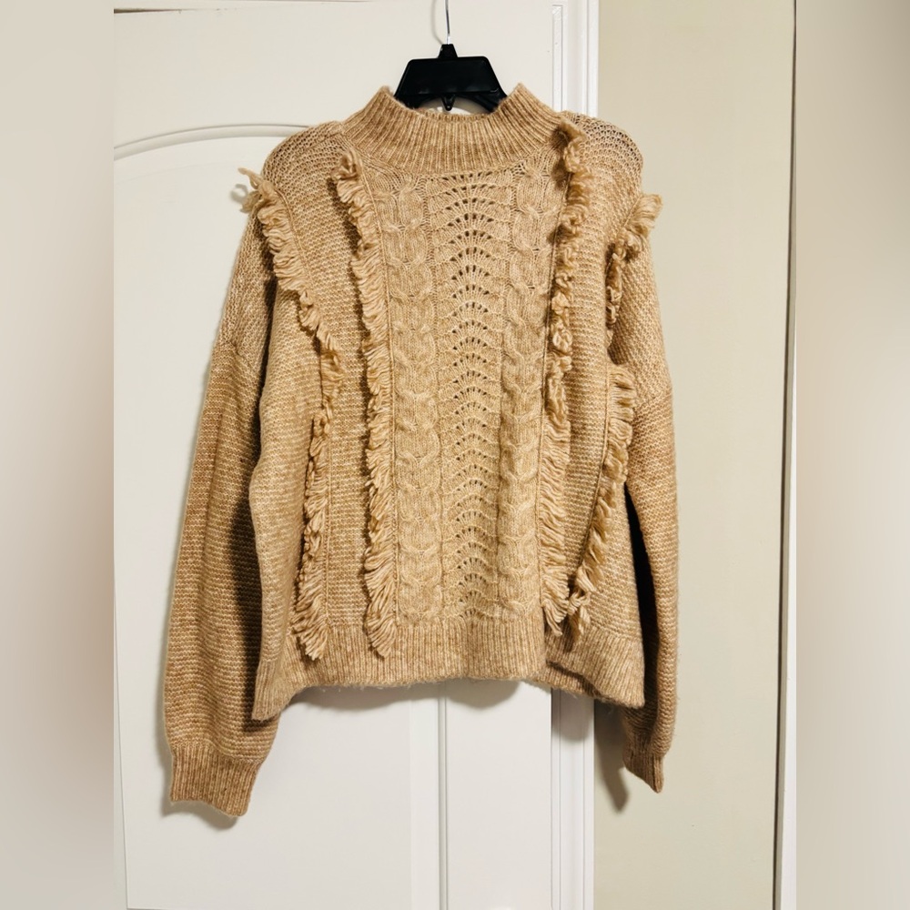 LOFT, Tan, Cozy Fringe Cable-Knit Sweater, Size Large
